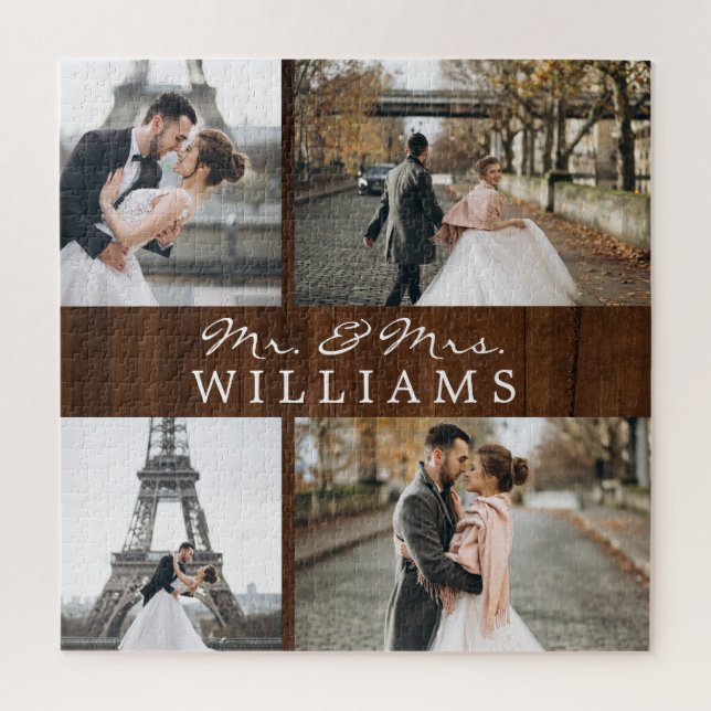 Modern Photo Collage Newlyweds Monogram Dark Wood Jigsaw Puzzle (Vertical)