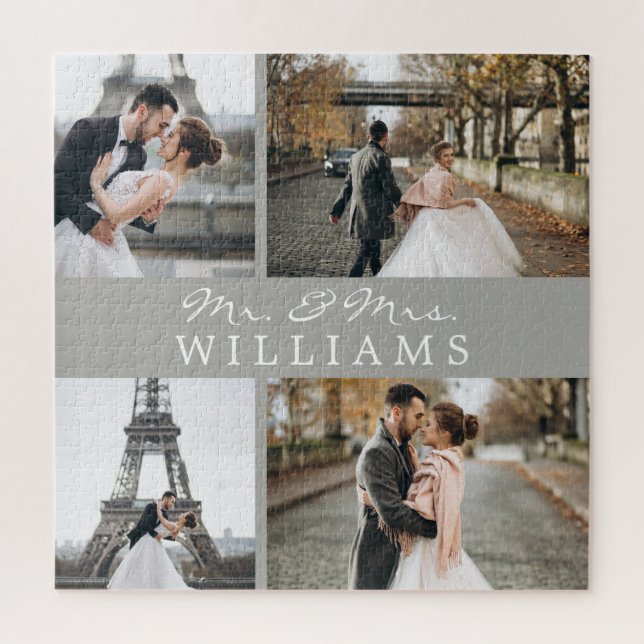 Modern Photo Collage Newlyweds Monogram Grey Jigsaw Puzzle (Vertical)