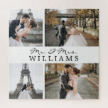 Modern Photo Collage Newlyweds Monogram White Jigsaw Puzzle<br><div class="desc">Celebrate your recent marriage with these 4 photos,  monogrammed.</div>