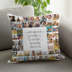 Modern Photo Collage Personalized Family Monogram Throw Pillow