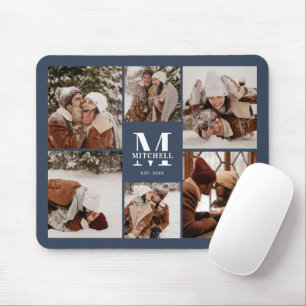 Modern Photo Collage Personalized Monogram Navy Mouse Pad