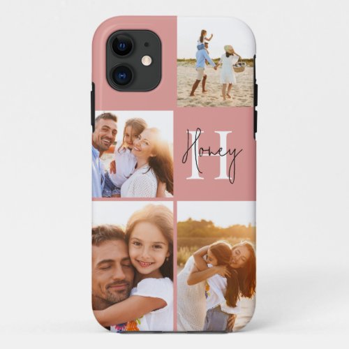 Modern photo collage pink initial monogram iPhone 11 case