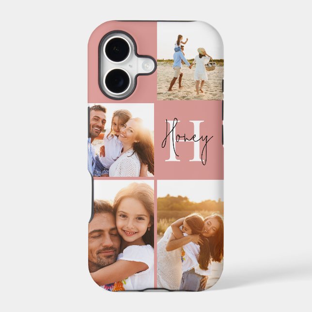 Modern photo collage pink initial monogram iphone case (Back)