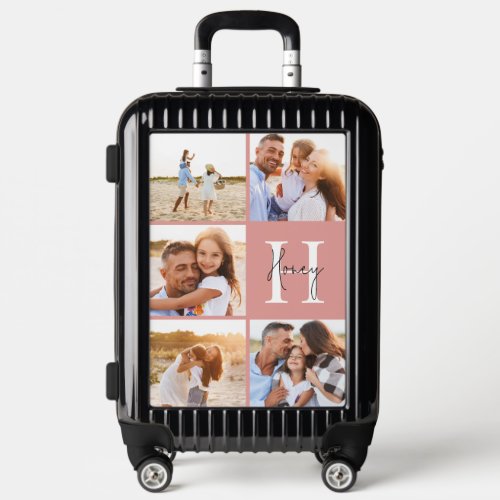 Modern photo collage pink initial monogram luggage