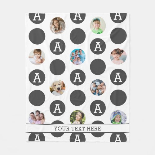 Modern Photo Collage Polka Dot Monogram Gray MED. Fleece Blanket - Easily create a modern, unique, fun polka dot design photo collage with 10 photos, a monogram, a title and custom color (the sample shows a charcoal gray).
PHOTO TIP:  For fastest/best results, choose a photo with the subject in the middle and/or pre-crop it to a square shape BEFORE uploading and it will fill the photo space perfectly. COLOR CHANGE:  You can change the charcoal background, text and stripe color by clicking on the CUSTOMIZE FURTHER tab (Note:  to change the stripe border color, select the "Rectangle" below the Text field in the Elements panel. Contact the designer via Zazzle Chat or makeitaboutyoustore@gmail.com if you'd like this design modified, on a different size blanket or on another product.