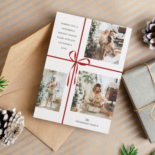 Modern Photo Collage Red Gift Box Ribbon Christmas Holiday Card