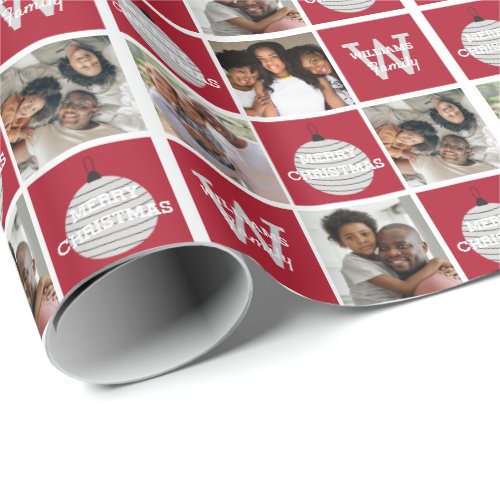 Modern Photo Collage Red Silver Snowflakes Wrapping Paper