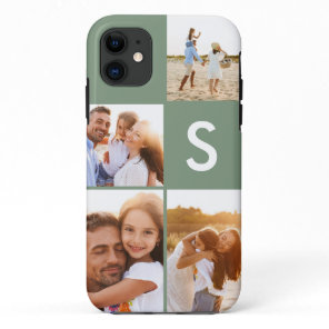 Modern photo collage sage green initial monogram iPhone 11 case