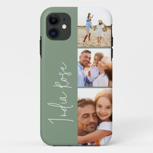 Modern photo collage sage green initial monogram iPhone 11 case