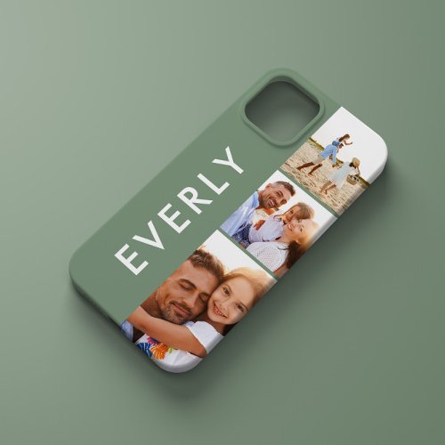 Modern photo collage sage green initial monogram iPhone 11 case