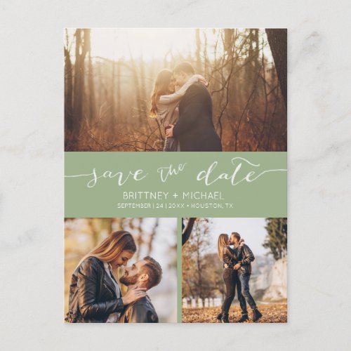 Modern Photo Collage Sage Green Save the Date Holiday Postcard