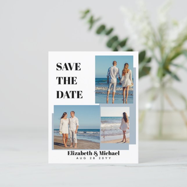 Modern PHOTO Collage Save Dates Dusty Blue (Standing Front)