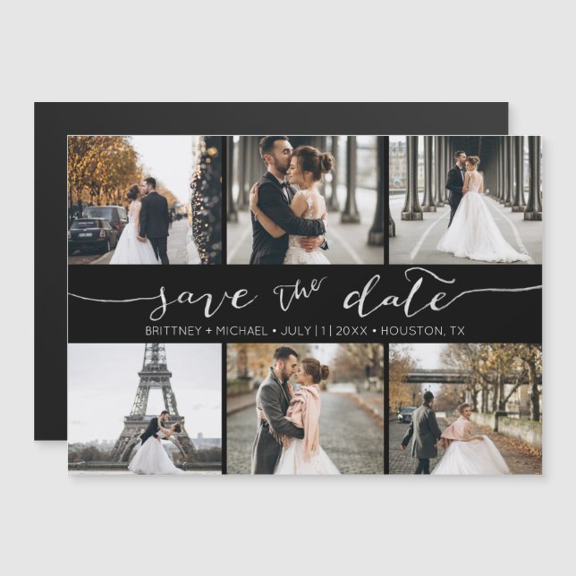 Modern Photo Collage Save the Date Black (Front/Back)