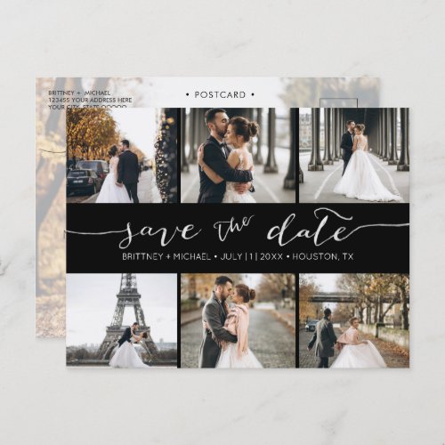 Modern Photo Collage Save the Date Black Announcement Postcard