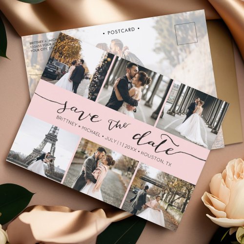 Modern Photo Collage Save the Date Blush Pink Announcement Postcard