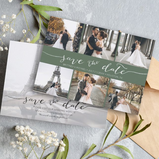 Modern Photo Collage Save the Date Dark Sage (Modern Save the Date card featuring 6 photos and a hand lettered font for a minimalistic design.)