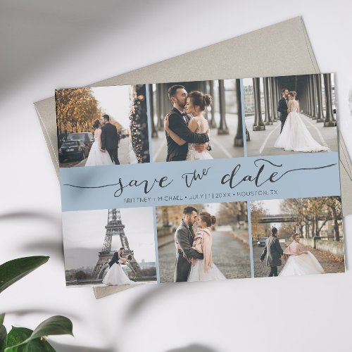 Modern Photo Collage Save the Date Dusty Blue