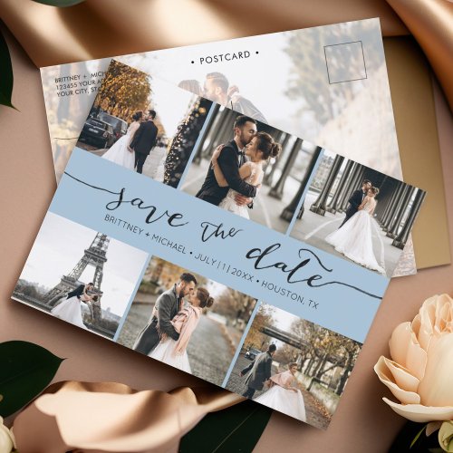 Modern Photo Collage Save the Date Dusty Blue Announcement Postcard