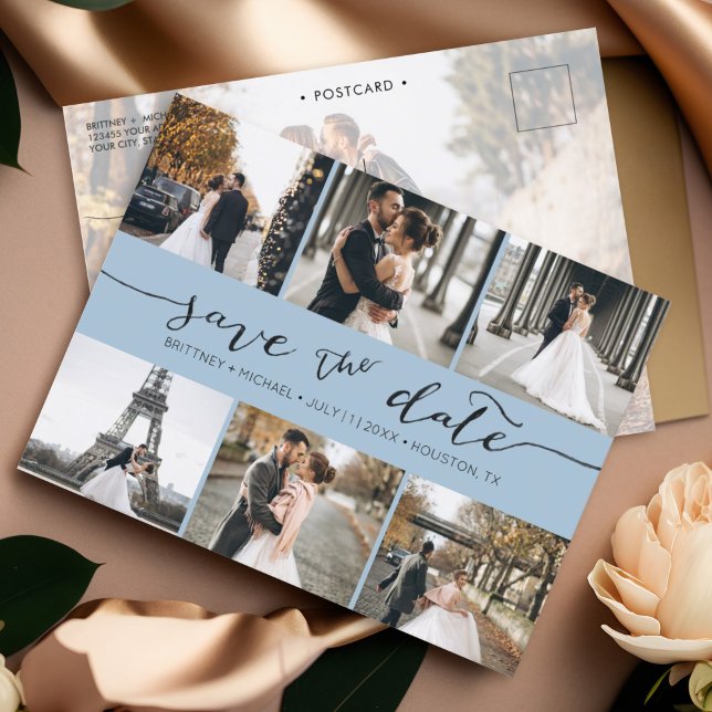 Modern Photo Collage Save the Date Dusty Blue Announcement Postcard (Save the Date hand lettered minimalistic photo collage postcard with photo on the back.)