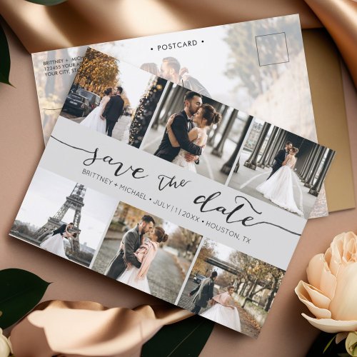 Modern Photo Collage Save the Date Grey Announcement Postcard