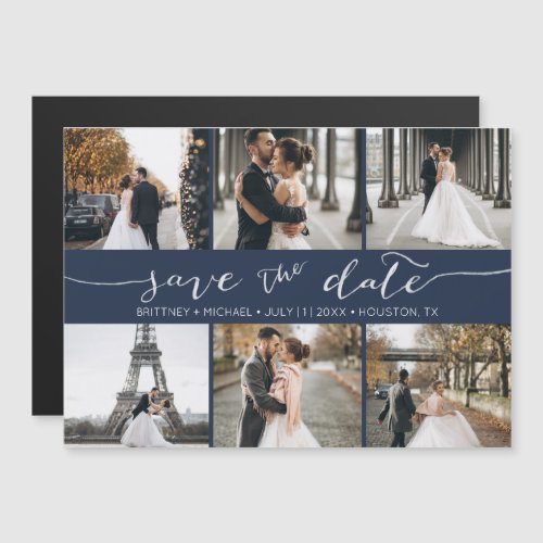 Modern Photo Collage Save the Date Navy Blue