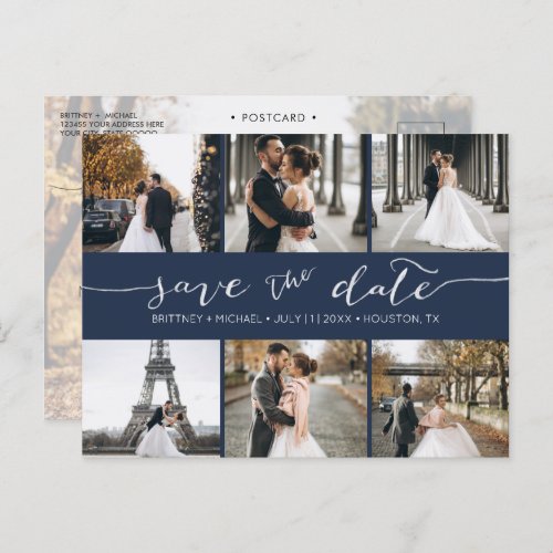 Modern Photo Collage Save the Date Navy Blue Announcement Postcard