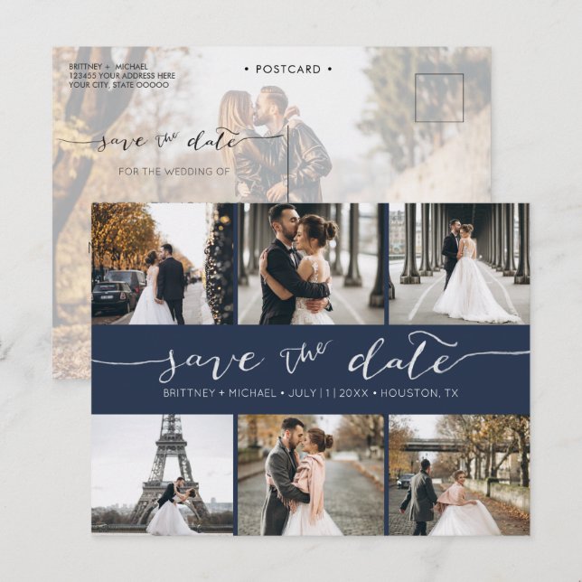 Modern Photo Collage Save the Date Navy Blue Announcement Postcard (Front/Back)