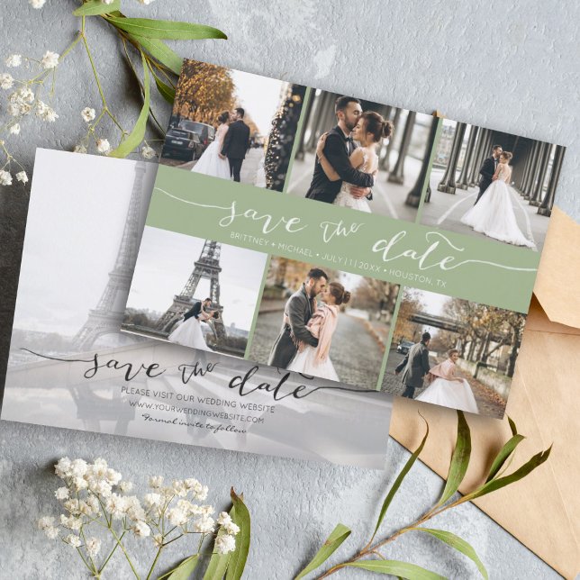 Modern Photo Collage Save the Date Sage Green (Modern Save the Date card featuring 6 photos and a hand lettered font for a minimalistic design.)