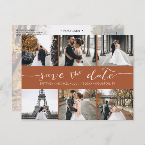 Modern Photo Collage Save the Date Terracotta Announcement Postcard