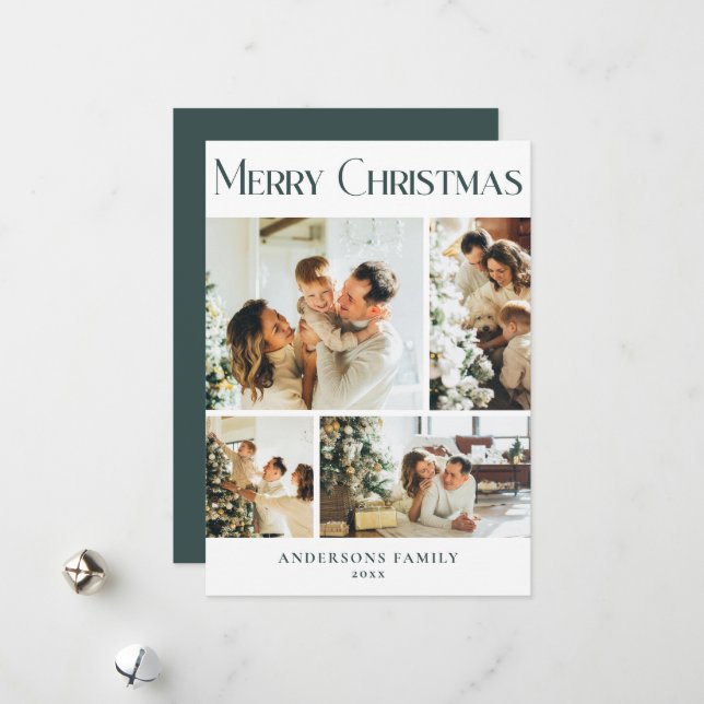 Modern Photo Collage Scandinavian Green Christmas Holiday Card (Front/Back In Situ)