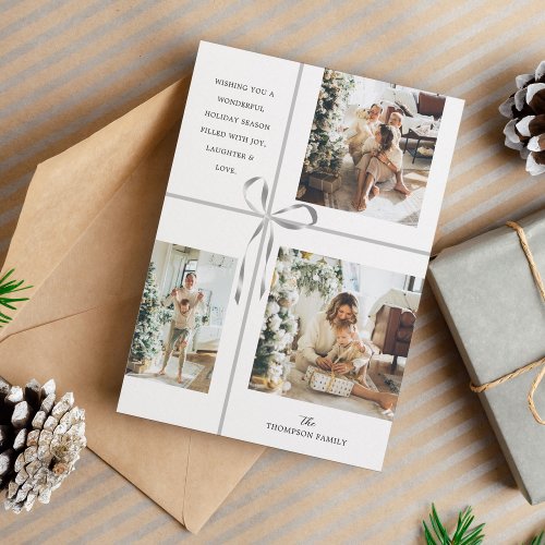 Modern Photo Collage Silver Box Ribbon Christmas Holiday Card
