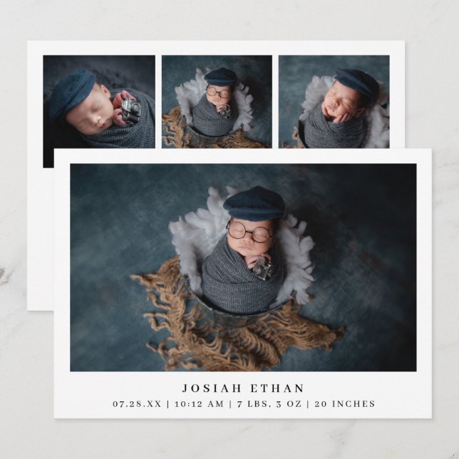 Modern Photo Collage Simple Newborn Birth Announcement (Front/Back)