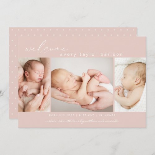 Modern Photo Collage Simple Script Pink Birth Announcement