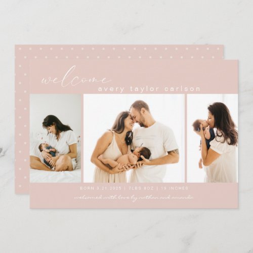 Modern Photo Collage Simple Script Pink Birth Announcement