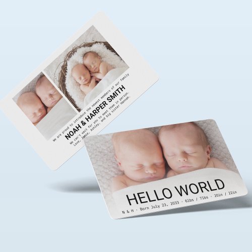Modern Photo Collage Stats Hello Twins Baby Birth Announcement