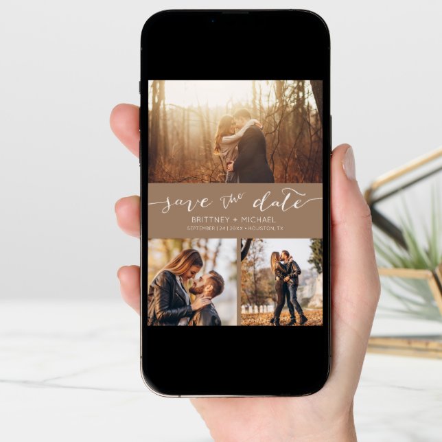 Modern Photo Collage Tan Save the Date Announcement (Front Digital)