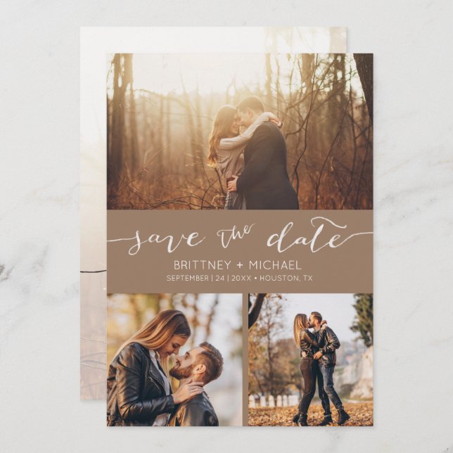 Modern Photo Collage Tan Save the Date Announcement (Front/Back)