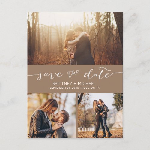 Modern Photo Collage Tan Save the Date Holiday Postcard