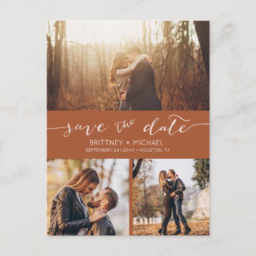 Modern Photo Collage Terracotta Save the Date Holiday Postcard