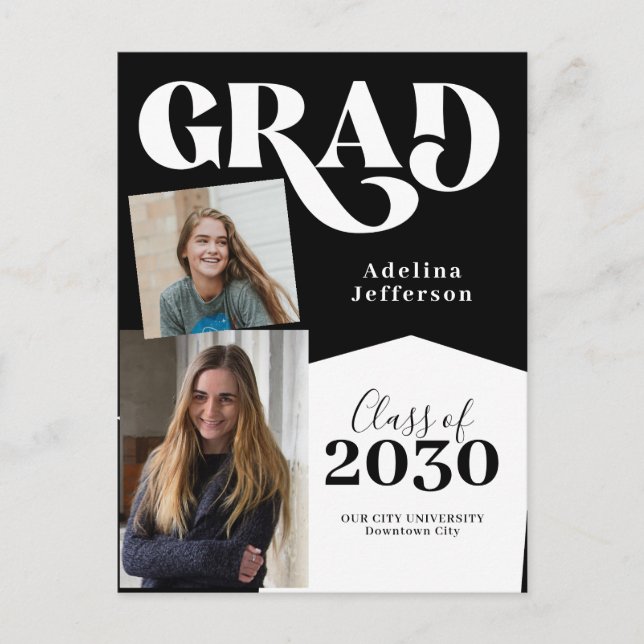 Modern photo collage typography black graduation announcement postcard (Front)