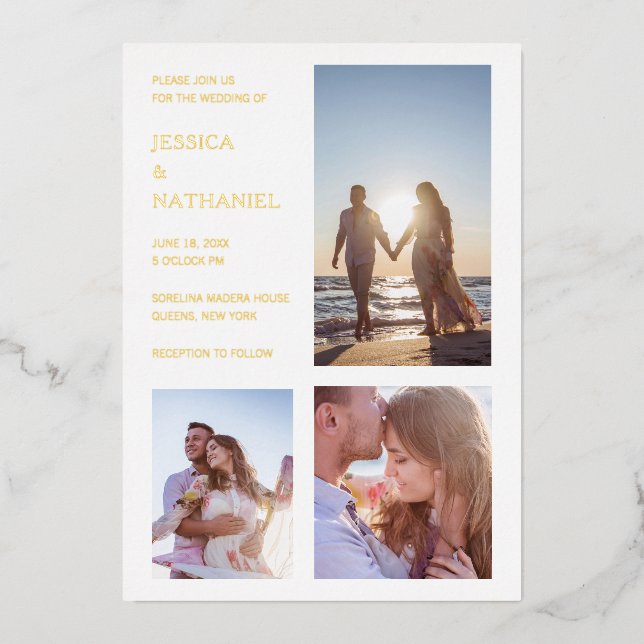 Modern Photo Collage Wedding Gold Foil Invitation (Front)