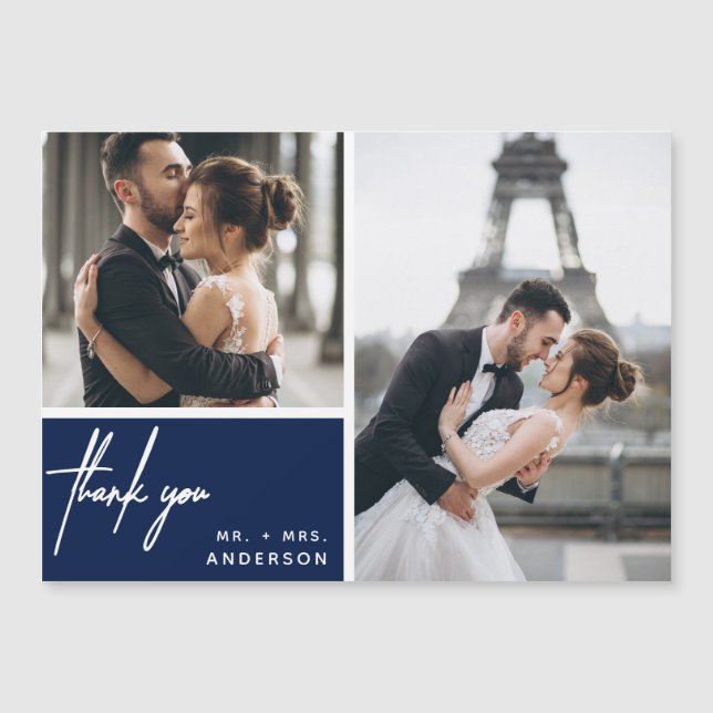 Modern Photo Collage Wedding Navy Blue Thank You (Front)