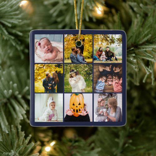 Modern Photo Collage What a Year Monogram Navy Ceramic Ornament