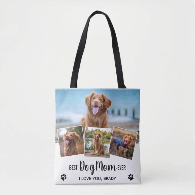 Modern Photo Collage White Best Dog Mom Tote Bag (Front)