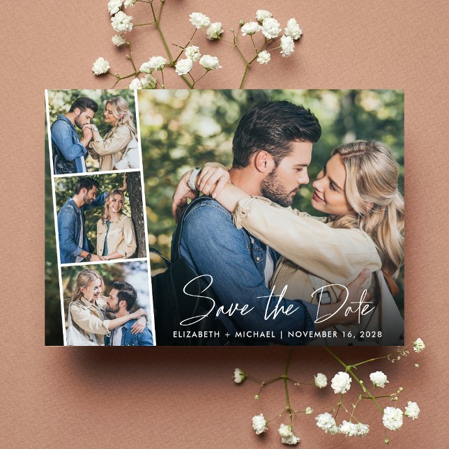 Modern Photo Collage White Script Wedding Save The Date (Creator Uploaded)