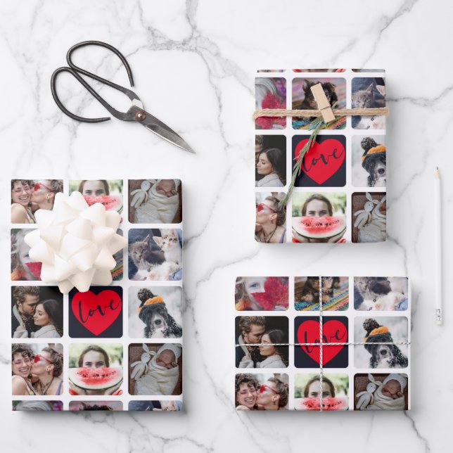Modern Photo Collage with heart Pattern  Wrapping Paper Sheets (Front)
