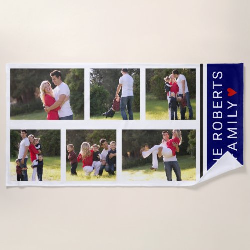 Modern photo collage with six photos navy blue beach towel