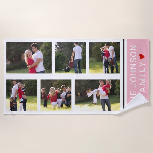 Modern photo collage with six photos pink beach towel
