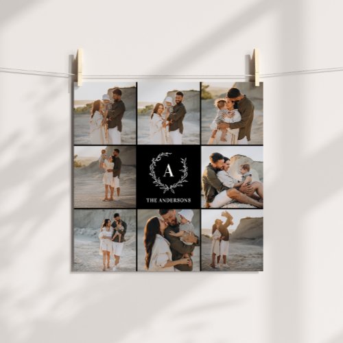 Modern photo collage wreath monogram family black poster