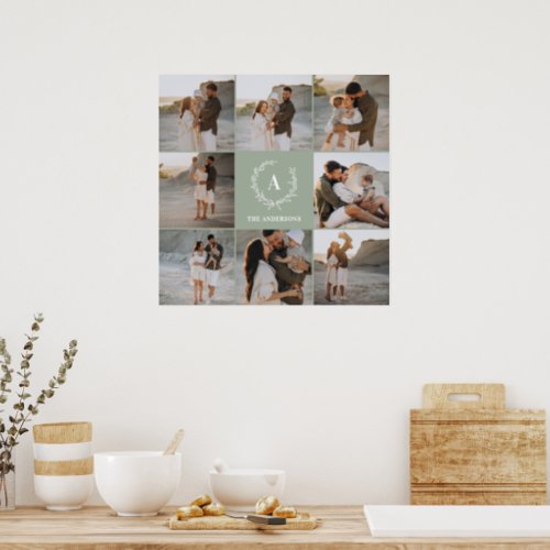 Modern photo collage wreath monogram family green poster